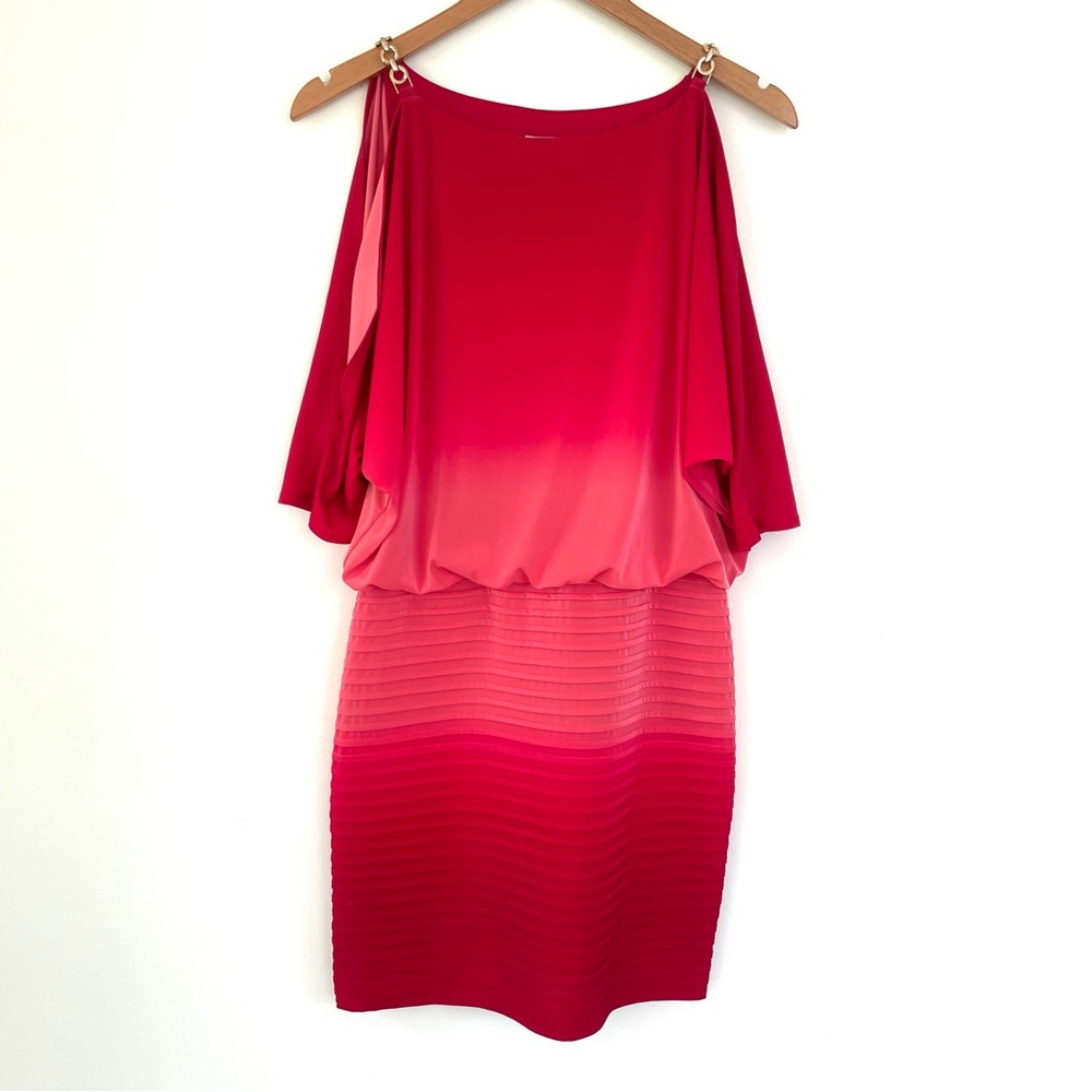 Cache Open Shoulder Ombré Red Pink Dress w Gold Chain 4